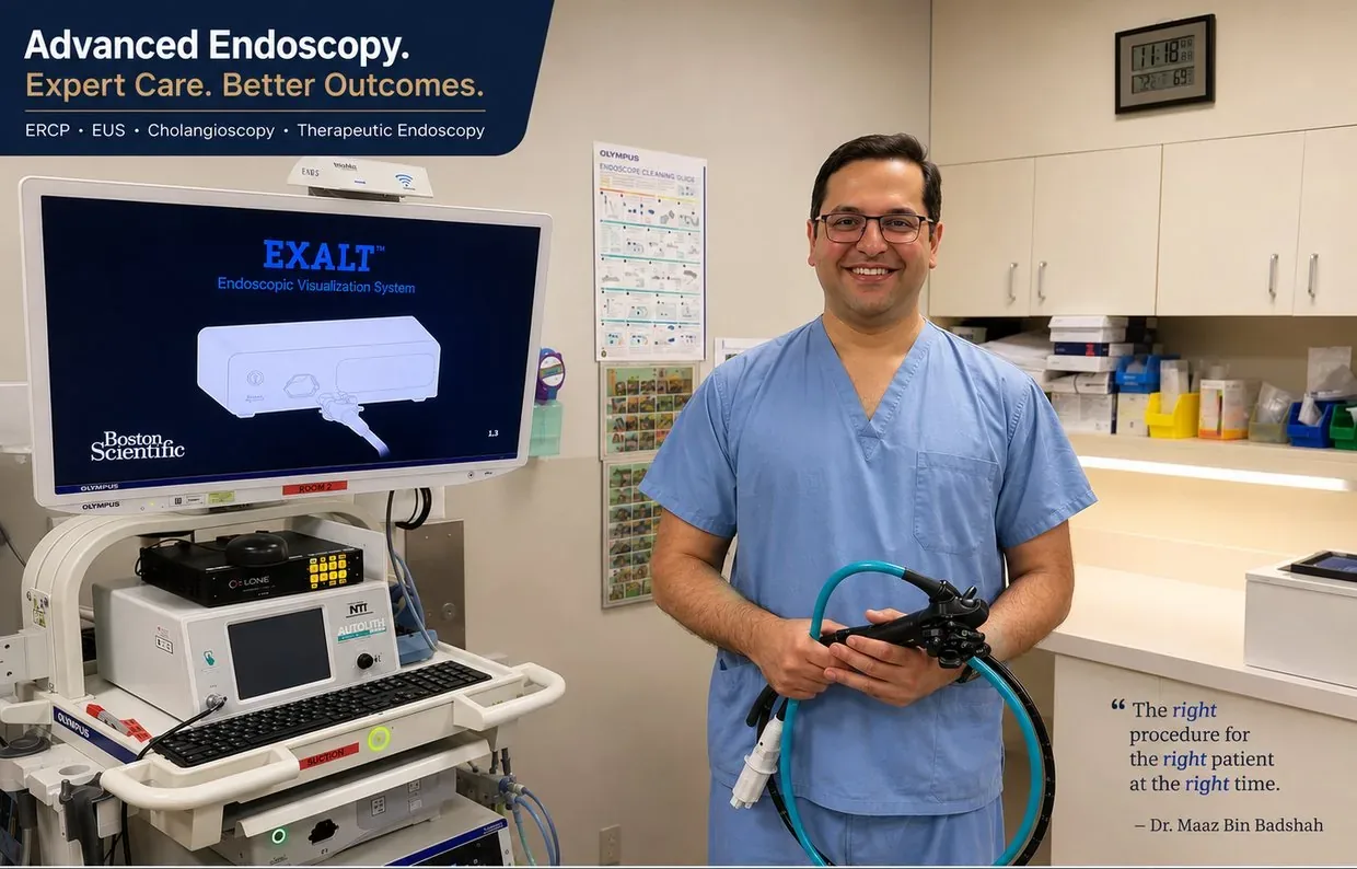 Dr. Maaz Bin Badshah, Consultant Gastroenterologist and Advanced Endoscopist, with a duodenoscope in the endoscopy suite. Advanced Endoscopy: expert care, better outcomes. ERCP, EUS, cholangioscopy and therapeutic endoscopy.