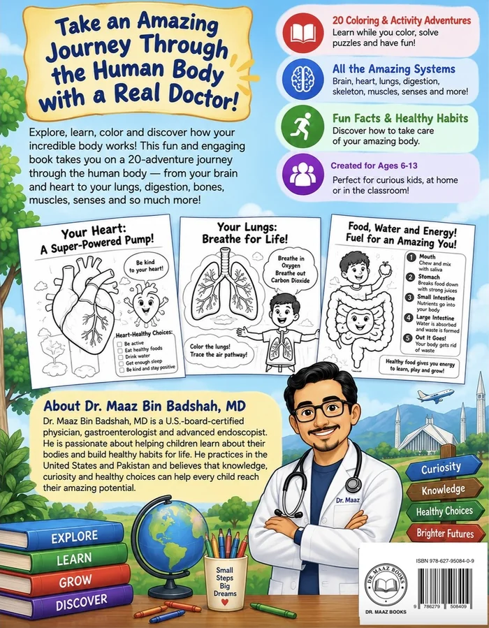 Back cover showing sample pages: the heart as a super-powered pump, the lungs and breathing, and how food becomes energy